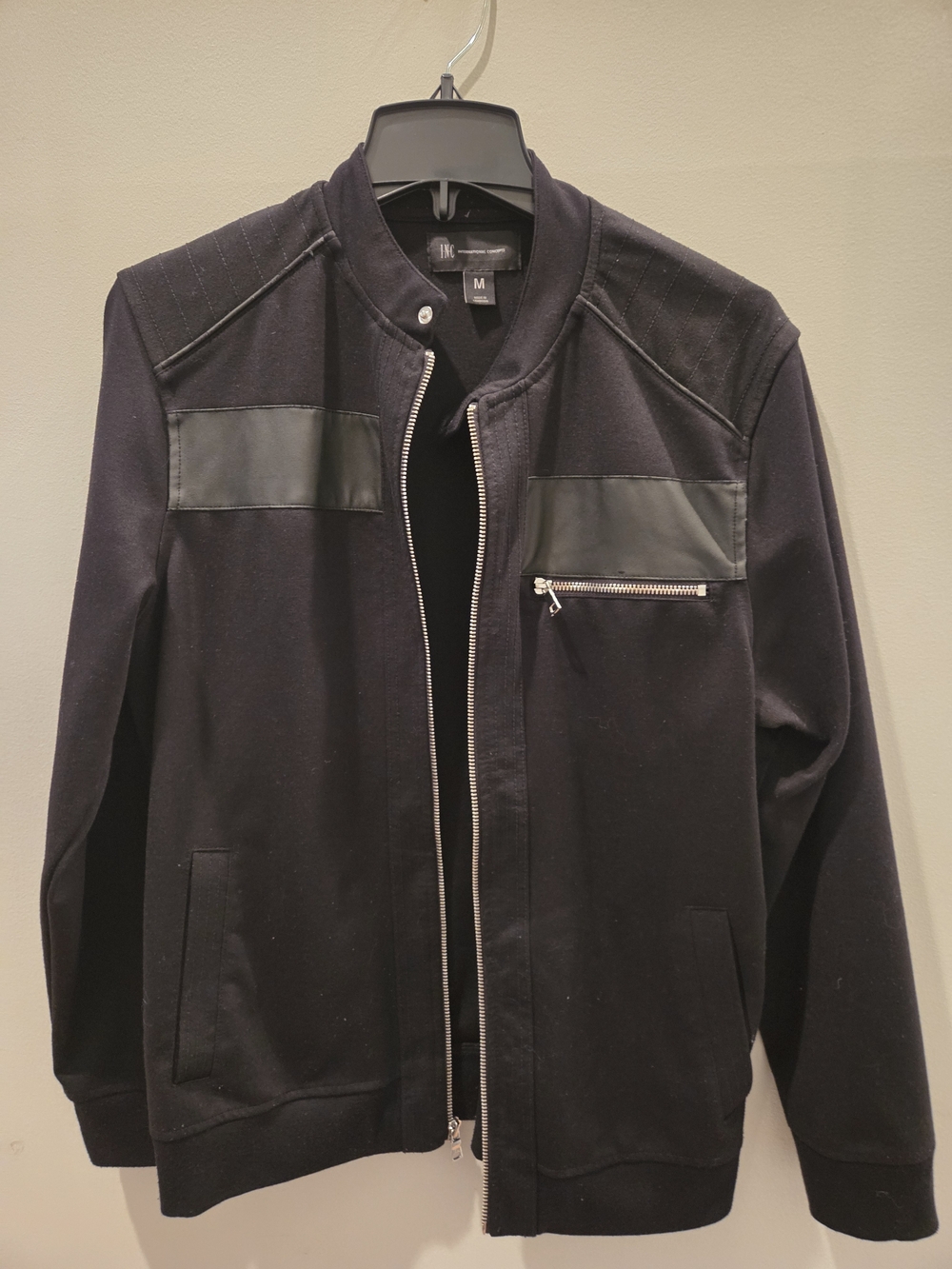 INC International Concepts Black Bomber Jacket with Faux Leather Panels